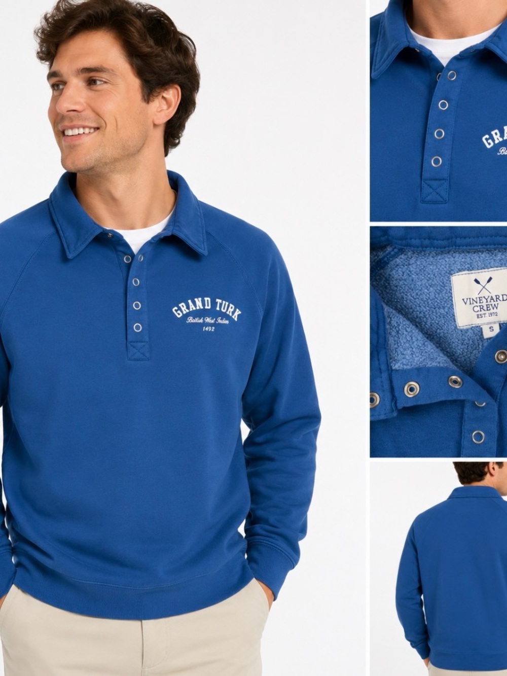 Vineyard Crew Men’s Grand Turk Snap Collar Sweatshirt Blue Small NEW WITH TAG